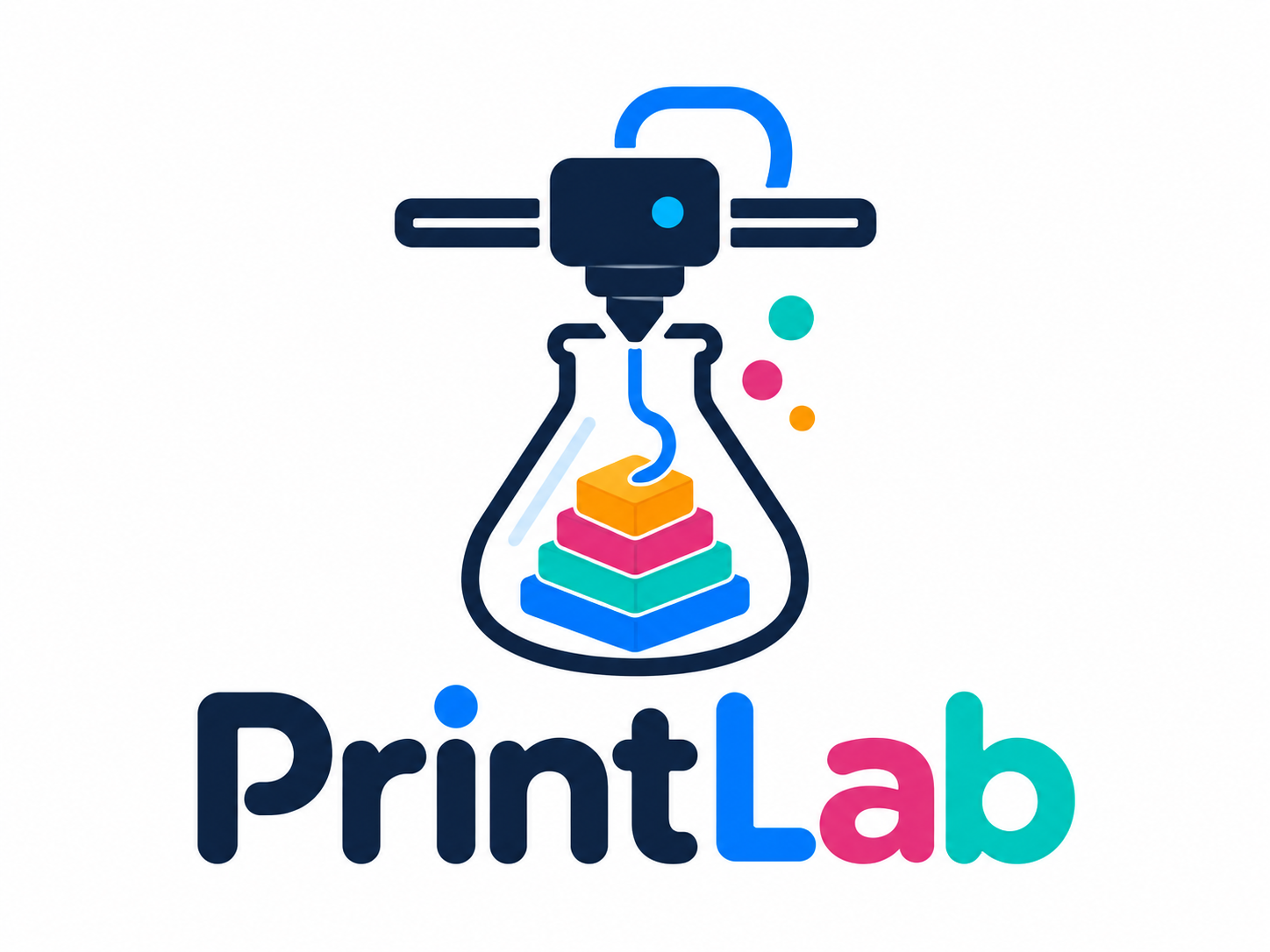 Logo da PrintLab com impressora 3D e frasco de laboratorio
